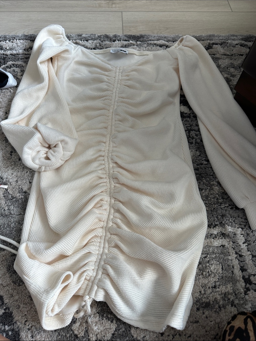 Fashion Nova Cream Ruched Long Sleeve Dress